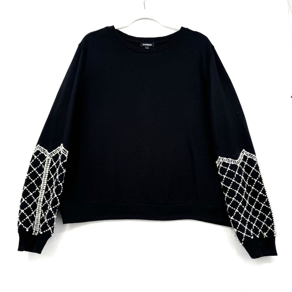 Express Pearl Embellished Sleeve Sweatshirt Black Crewneck Pullover Chic Cozy XL